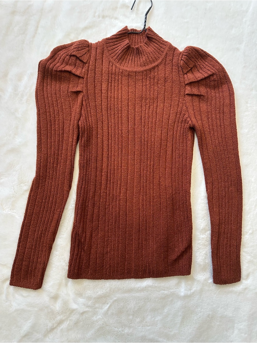 Current Air Ribbed Puff-Sleeve Mock Neck Sweater - Rust